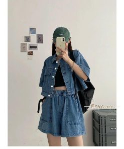 デニム 上下セット 半袖 ゆったり ショートパンツ 夏 レディース 短パン 半袖シャツ セットアップ 2点セット デニムジャケット デニムシャツ * セットアップ