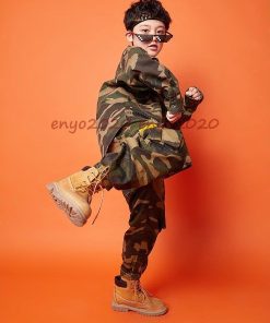 キッズ ダンス衣装 ヒップホップ HIPHOP 子供服 長袖 迷彩 コート へそ出し トップス 迷彩パンツ 男の子 女の子 チアガール ジャズダンス 演出服 練習着 * レッスンウエア