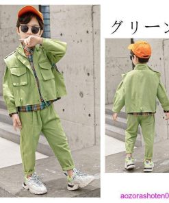 春着 上下セット 110-160 オレンジ 韓国子供服 3点セット チェック柄シャツ+ベスト+カジュアルパンツ グリーン 秋着 男の子 ファッション キッズ セットアップ * 上下セット