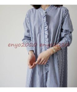 シャツワンピース　ストライプ　ロングシャツワンピース ルーズワンピ ロングシャツ レディース オーバーサイズ ガウン * 長袖