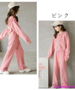 女の子 ジャージ レジャー 上下セット キッズ セットアップ アウター+ロングパンツ 2点セット フード付き 無地 ファッション 春 ジュニア ピンク グレー 秋 * 上下セット