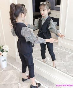 子供スーツ フォーマル 女の子 子供服 セットアップ キッズ おしゃれ 長袖 春秋 秋 3点セット ベスト シャツ 長ズボン チェック柄 可愛い 卒業式 入学式 通学着 * スーツ、ブレザー