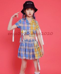 キッズ ダンス 衣装 へそ出し セットアップ チェック柄 トップス 韓国 ヒップホップ キッズダンス 女の子 体育祭 応援団 チアガール 発表会 チアダンス ガールズ * レッスンウエア