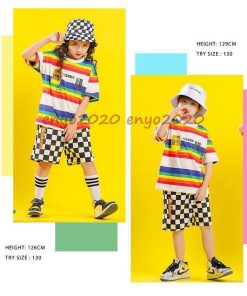 キッズダンス衣装 ヒップホップ Hiphop ジャズダンス セットアップ Tシャツ パンツ ガールズ 男の子 女の子 虹色 2点セット 演出服 運動会 応援団 子供 練習着 * レッスンウエア