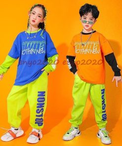 キッズダンス衣装 青 シャツ 長袖トップス  白 ワイドパンツ グリーン 長ズボン 女の子 男の子 運動風 韓国 ジャズダンス ヒップホップ 体育祭 応援団 文化祭 * レッスンウエア