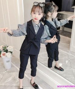 子供スーツ フォーマル 女の子 子供服 セットアップ キッズ おしゃれ 長袖 春秋 秋 3点セット ベスト シャツ 長ズボン チェック柄 可愛い 卒業式 入学式 通学着 * スーツ、ブレザー