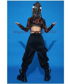 キッズダンス衣装 セットアップ ヒップホップ へそ出し 長袖Tシャツ パンツ 韓国 かっこいい 派手 黒 ダンス衣装 龍 柄 原宿 発表会 170 ステージ衣装 練習着 * レッスンウエア