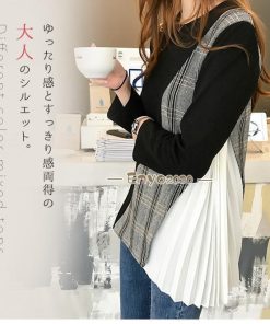 グレンチェック Tシャツ 秋 長袖 シフォン 大きいサイズ サイドプリーツ レディース 異素材切り替え ゆったり カットソー * 長袖