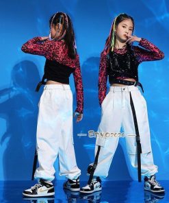 へそ出し キッズ ダンス 衣装 上下3点セットアップ 韓国 ヒップホップ トップス 黒 チアダンス 女の子 チアガール ベスト 柄 長袖 応援団 体育祭 練習着 発表会 * レッスンウエア