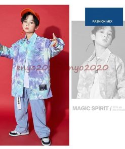 長袖シャツ ステージ衣装 子供 デニムパンツ Hiphop セットアップ 絞り染め キッズダンス衣装 ダンス発表会 練習着 デニム 発表会 ヒップホップ 上下2点セット * レッスンウエア