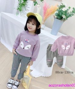 子ども服 セットアップ 女の子 ベビー 秋服 可愛い 上下セット キッズ スウェット+長ズボン 2点セット 丸首 プリント お出かけ 通園 80-130 パープル 通学 * 上下セット