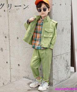 春着 上下セット 110-160 オレンジ 韓国子供服 3点セット チェック柄シャツ+ベスト+カジュアルパンツ グリーン 秋着 男の子 ファッション キッズ セットアップ * 上下セット