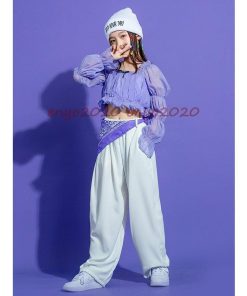 ダンス 衣装 ガールズ キッズ セットアップ へそ出し トップス ロングパンツ パープル ジャズ 韓国 演出服 応援団 応援団 ジャズダン 練習着 ダンス発表会 * レッスンウエア