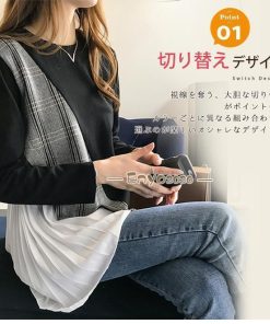 グレンチェック Tシャツ 秋 長袖 シフォン 大きいサイズ サイドプリーツ レディース 異素材切り替え ゆったり カットソー * 長袖