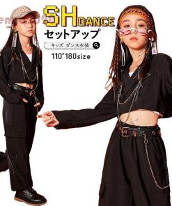 ジャズ ダンス衣装 キッズ へそ出し トップス セットアップ ベルト付き JAZZ 黒 ジャズパンツ ダンストップ ヒップホップ 韓国 女の子 フォーマル コーデ スーツ * レッスンウエア