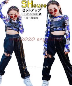 トップス 女の子 セットアップ かっこいい ヒップホップ 練習着 キッズダンス衣装 スパンコール 韓国 キラキラ チアーガール 黒 へそ出し 発表会 * レッスンウエア