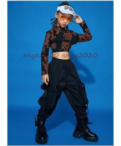 キッズダンス衣装 セットアップ ヒップホップ へそ出し 長袖Tシャツ パンツ 韓国 かっこいい 派手 黒 ダンス衣装 龍 柄 原宿 発表会 170 ステージ衣装 練習着 * レッスンウエア