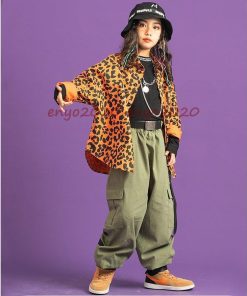 キッズ ダンス衣装 ヒップホップ ヒョウ柄 セットアップ 子供服 HIPHOP シャツ トップス 長袖 パンツ 男の子 女の子 練習着 ジャズダンス ステージ衣装 発表会 * レッスンウエア