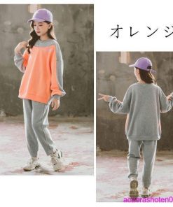 韓国子供服 セットアップ キッズ 女の子 上下セット スウェット+パンツ 2点セット スポーツウェア ゆったり 運動着 通学 パープル オレンジ 秋着 春着 110-170 * 上下セット