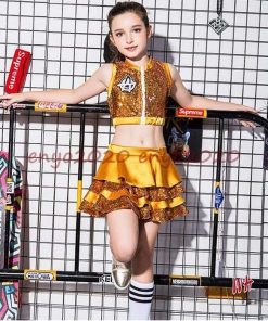 キッズ ダンス衣装 スパンコール キラキラ セットアップ チア チアガール 女の子 へそ出し トップス スカート がルーズ 子供 再登場 ステージ衣装 舞台 応援団 * ウエア