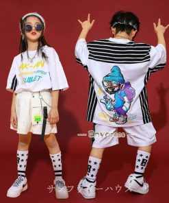 キッズ ダンス衣装 セットアップ ヒップホップ HIPHOP 子供服 トップス Ｔシャツ パンツ スカート 半袖 男の子 女の子 ジャズダンス 演出 チアダンス 練習着 * レッスンウエア