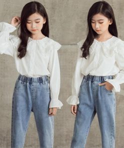 キッズ 子供服 白シャツ 個性的 トップス シャツ 白 ブラウス 女の子 子供 長袖 フリル ジュニア * シャツ、ブラウス