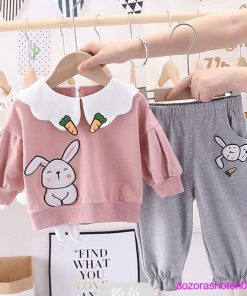 子ども服 セットアップ 女の子 ベビー 秋服 可愛い ウサギ柄 上下セット キッズ スウェット+長ズボン 2点セット ベーシック 丸首 90-140 通学 ピンク 通園 * 上下セット