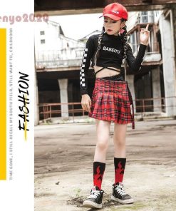 キッズ ダンス衣装 セットアップ ヒップホップ チェック柄 HIPHOP 長袖 トップス スカート パンツ 子供服  ステージ衣装 チア 練習着 ジャズダンス * その他子ども服