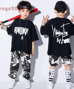 キッズ ダンス衣装 ヒップホップ 子供  HIPHOP  男の子 女の子 迷彩柄 Ｔシャツ 迷彩パンツ ダンストップス 体操服 練習着 ジャズダンス ステージ衣装 * 新体操ウエア