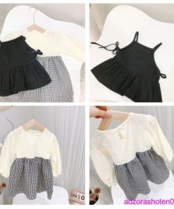 セットアップ 春服 女の子 ベビー 可愛い 2点セット ベスト+ワンピース 丸首 チェック柄 キッズ ガールズ 姉妹 春着 秋着 ワンピセット 80 90 110 130 100 120 * 上下セット