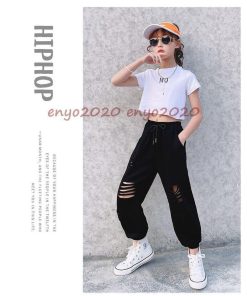 ダンス衣装 ヒップホップ キッズ 女の子 セットアップ 黒白 Tシャツ パンツ ジャズダンス ガールズ チアガール カッコイイ 演出服 運動会 練習着 応援団 発表会 * レッスンウエア