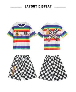 キッズダンス衣装 ヒップホップ Hiphop ジャズダンス セットアップ Tシャツ パンツ ガールズ 男の子 女の子 虹色 2点セット 演出服 練習着 運動会 応援団 子供 * レッスンウエア