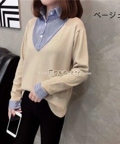 ニット セーター 重ね着 シャツ襟 レディース Vネック 重ね お仕事 ビジネス 無地 女性 ストレッチ 伸縮性 着心地 トップス 長袖 春 秋 ストライプ 冬 * 長袖