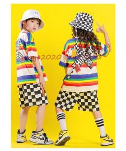 キッズダンス衣装 ヒップホップ Hiphop ジャズダンス セットアップ Tシャツ パンツ ガールズ 男の子 女の子 虹色 2点セット 演出服 練習着 運動会 応援団 子供 * レッスンウエア