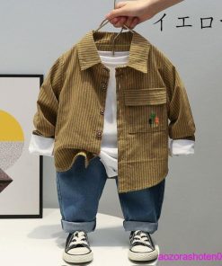 セットアップ 男の子 ベビー 春服 新作 カジュアル シャツ+ジーンズ 2点セット キッズ ボーイズ 上下 春着 秋着 ストライプ柄シャツ 全3色 110 90 100 120 80 * 上下セット