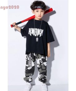 キッズ ダンス衣装 ヒップホップ 子供  HIPHOP  男の子 女の子 迷彩柄 Ｔシャツ 迷彩パンツ ダンストップス 体操服 練習着 ジャズダンス ステージ衣装 * 新体操ウエア