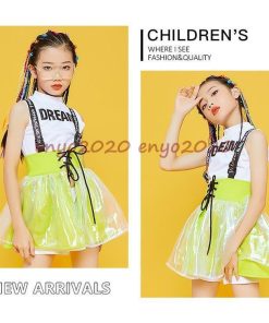 キッズ ダンス衣装 チアガール 上下3点セット ジャズダンス 女の子 スカート 袖なし ヒップホップ 子供 HIPHOP 応援団 4色 演出服 ダンス衣装 * ウエア