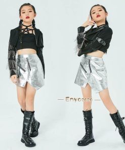 キッズ ダンス衣装 スカート ジャケット タンクトップ 女の子 セットアップ ヒップホップ チアガール 黒 シルバー ジャズダンス 子供 韓国 ステージ衣装 発表会 * レッスンウエア