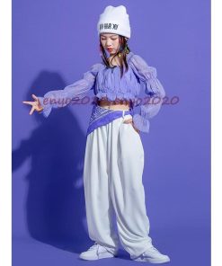 ダンス 衣装 ガールズ キッズ セットアップ へそ出し トップス ロングパンツ パープル ジャズ 韓国 演出服 応援団 応援団 ジャズダン 練習着 ダンス発表会 * レッスンウエア