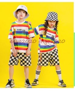 キッズダンス衣装 ヒップホップ Hiphop ジャズダンス セットアップ Tシャツ パンツ ガールズ 男の子 女の子 虹色 2点セット 演出服 運動会 応援団 子供 練習着 * レッスンウエア