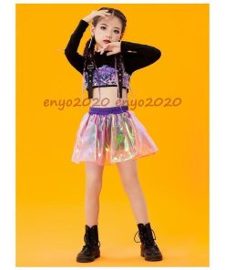 キッズ ダンス衣装 スパンコール キラキラ へそ出し チアガール スカート 長袖 ジャズダンス 女の子 ヒップホップ 子供 演出服 ダンス衣装 HIPHOP 応援団 * ウエア