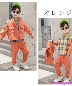 春着 上下セット 110-160 オレンジ 韓国子供服 3点セット チェック柄シャツ+ベスト+カジュアルパンツ グリーン 秋着 男の子 ファッション キッズ セットアップ * 上下セット