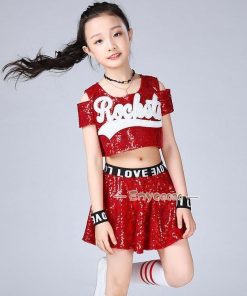 スパンコール セール キッズダンス セットアップ チアダンス スカート ダンス衣装 キラキラ チアガール 女の子 キッズダンス衣装 ヒップホップ * ウエア