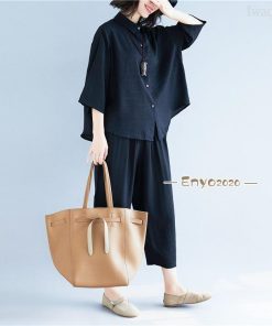 綿麻2点セットPOLOネックシワ加工シャツ＋ポケット付きカジュアルパンツ * セットアップ