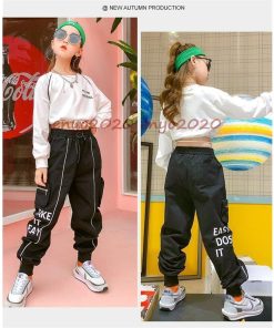 キッズダンス衣装 セットアップ 長袖 Tシャツ ショット丈 カーゴパンツ ヒップホップ 女の子 へそ出し 練習着 演出服 ステージ衣装 韓国 白 黒 緑 かっこいい * レッスンウエア