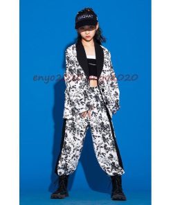 キッズダンス衣装 スーツセット ジャケット 花柄 総柄 ジャズダンス ヒップホップ 長袖コート パンツ ガールズ 韓国 演出服 応援団 HIPHOP 練習着 応援団 発表会 * レッスンウエア