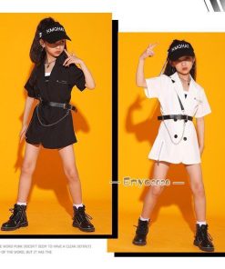 キッズ ダンス衣装 黒 白 トップス シャツ タンクトップ 半パンツ ヒップホップ 半袖 チアガール 女の子 カッコイイ 韓国 子供 団体服 110-180cm 発表会 演出服 * レッスンウエア