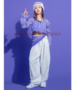 ダンス 衣装 ガールズ キッズ セットアップ へそ出し トップス ロングパンツ パープル ジャズ 韓国 演出服 応援団 応援団 ジャズダン 練習着 ダンス発表会 * レッスンウエア