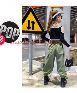 かっこいい Tシャツ カーゴパンツ 応援団 女の子 ガールズ 韓国 へそ出し ダンス発表会 キッズダンス衣装 セットアップ 練習着 ヒップホップ ショット丈 * レッスンウエア