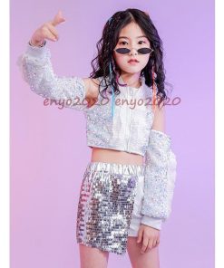 キッズダンス衣装 スパンコール ヒップホップ チアガール 子供 女の子 HIPHOP キラキラ へそ出し 応援団 発表会  演出服 セット販売 ステージ衣装 * レッスンウエア